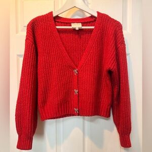 Pink Rose Vibrant Red V-Neck Cardigan with 3 beautiful Rhinestone bows